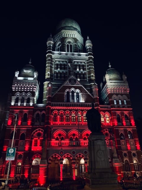 BMC headquarters floodlit in red at night